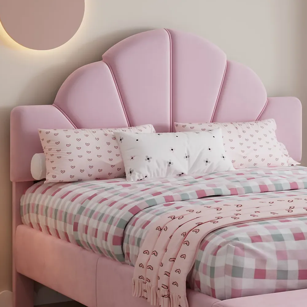 Redom Lit 140x200 cm avec tête de lit en velours rose et banc coordonné, bords anti-collision en mousse, cadre solide* Lit Double