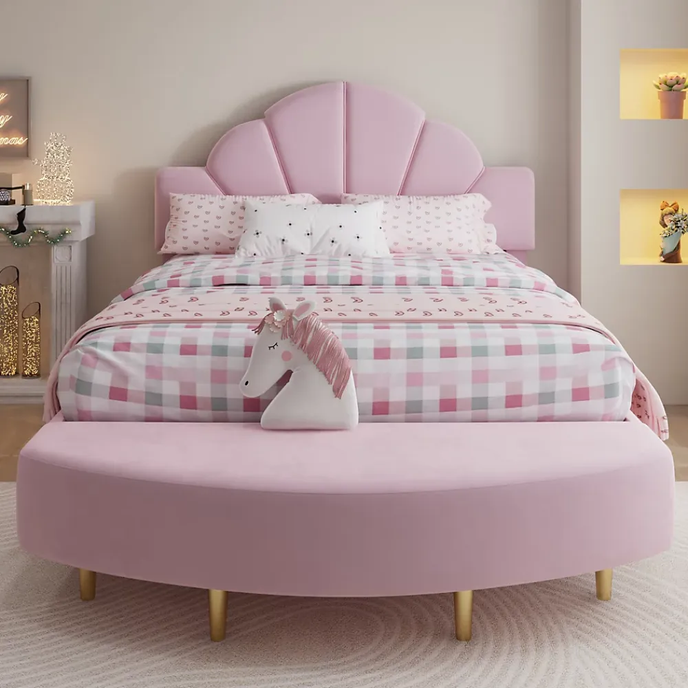 Redom Lit 140x200 cm avec tête de lit en velours rose et banc coordonné, bords anti-collision en mousse, cadre solide* Lit Double