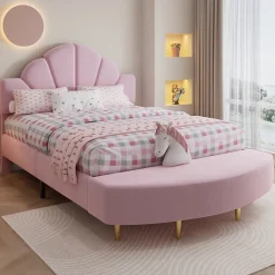 Redom Lit 140x200 cm avec tête de lit en velours rose et banc coordonné, bords anti-collision en mousse, cadre solide* Lit Double