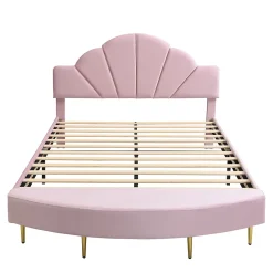 Redom Lit 140x200 cm avec tête de lit en velours rose et banc coordonné, bords anti-collision en mousse, cadre solide* Lit Double