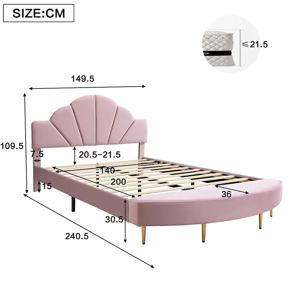 Redom Lit 140x200 cm avec tête de lit en velours rose et banc coordonné, bords anti-collision en mousse, cadre solide* Lit Double