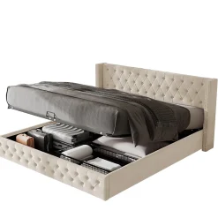 Redom Lit 140x200 cm avec tête de lit capitonnée en velours, coffre de rangement hydraulique et détails cloutés, beige* Lit Avec Rangement