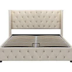 Redom Lit 140x200 cm avec tête de lit capitonnée en velours, coffre de rangement hydraulique et détails cloutés, beige* Lit Avec Rangement