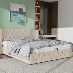 Redom Lit 140x200 cm avec tête de lit capitonnée en velours, coffre de rangement hydraulique et détails cloutés, beige* Lit Avec Rangement