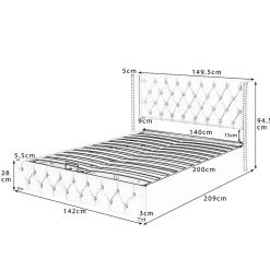 Redom Lit 140x200 cm avec tête de lit capitonnée en velours, coffre de rangement hydraulique et détails cloutés, beige* Lit Avec Rangement
