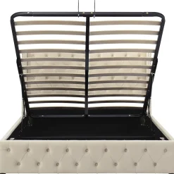 Redom Lit 140x200 cm avec tête de lit capitonnée en velours, coffre de rangement hydraulique et détails cloutés, beige* Lit Avec Rangement