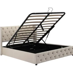 Redom Lit 140x200 cm avec tête de lit capitonnée en velours, coffre de rangement hydraulique et détails cloutés, beige* Lit Avec Rangement
