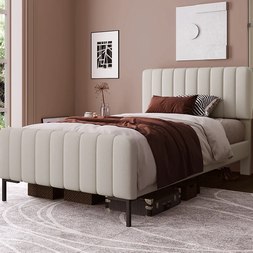 Lit 90x200 cm avec tête de lit réglable, cadre rembourré en lin gris-beige, lattes en pin et pieds métal>Redom