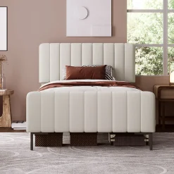 Lit 90x200 cm avec tête de lit réglable, cadre rembourré en lin gris-beige, lattes en pin et pieds métal>Redom