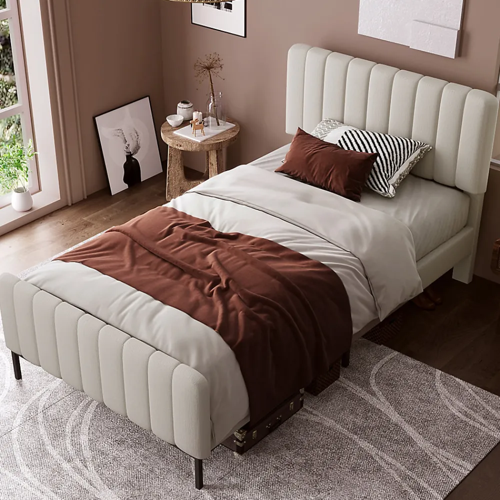 Lit 90x200 cm avec tête de lit réglable, cadre rembourré en lin gris-beige, lattes en pin et pieds métal>Redom