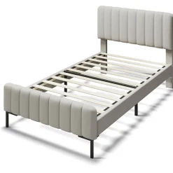 Lit 90x200 cm avec tête de lit réglable, cadre rembourré en lin gris-beige, lattes en pin et pieds métal><noscript><img width=