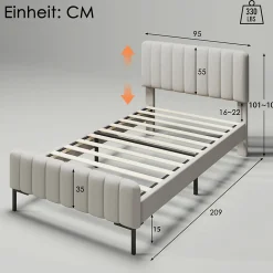 Lit 90x200 cm avec tête de lit réglable, cadre rembourré en lin gris-beige, lattes en pin et pieds métal><noscript><img width=