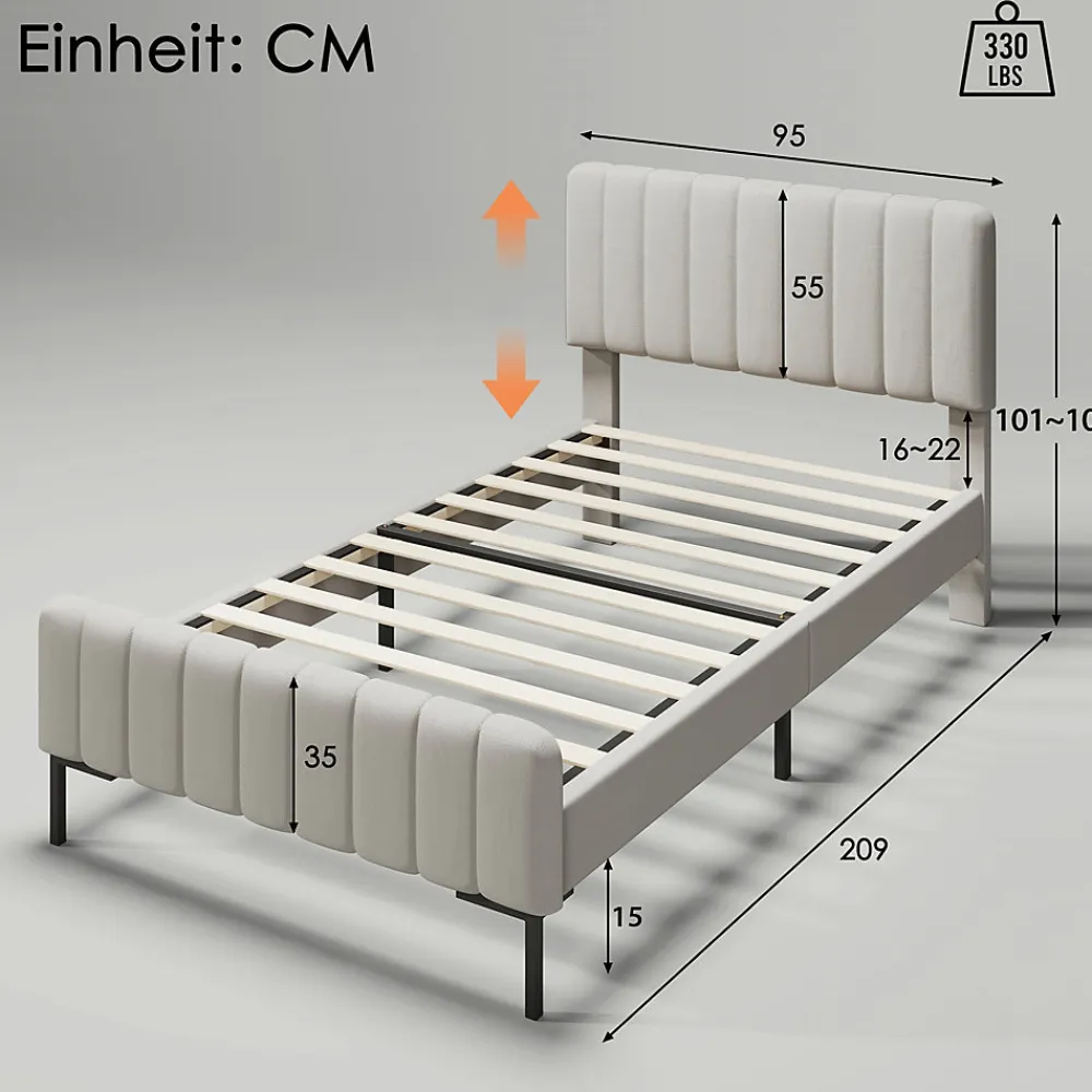 Lit 90x200 cm avec tête de lit réglable, cadre rembourré en lin gris-beige, lattes en pin et pieds métal>Redom
