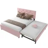 Redom Lit 140x200 cm avec tête de lit capitonnée et sommier gigogne, tapissé velours rose et MDF design* Lit Gigogne