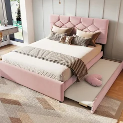 Redom Lit 140x200 cm avec tête de lit capitonnée et sommier gigogne, tapissé velours rose et MDF design* Lit Gigogne