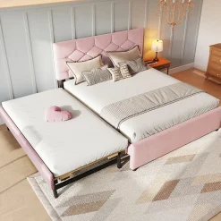 Redom Lit 140x200 cm avec tête de lit capitonnée et sommier gigogne, tapissé velours rose et MDF design* Lit Gigogne