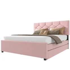 Redom Lit 140x200 cm avec tête de lit capitonnée et sommier gigogne, tapissé velours rose et MDF design* Lit Gigogne