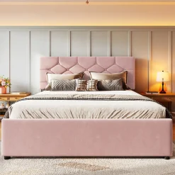 Redom Lit 140x200 cm avec tête de lit capitonnée et sommier gigogne, tapissé velours rose et MDF design* Lit Gigogne
