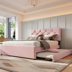 Redom Lit 140x200 cm avec tête de lit capitonnée et sommier gigogne, tapissé velours rose et MDF design* Lit Gigogne