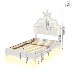 Redom Lit 90x200 cm avec tête de lit couronnée et éclairage LED RVB, tapissé PU blanc, cadre MDF solide et hauteur réglable* Lit Simple