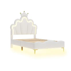 Redom Lit 90x200 cm avec tête de lit couronnée et éclairage LED RVB, tapissé PU blanc, cadre MDF solide et hauteur réglable* Lit Simple
