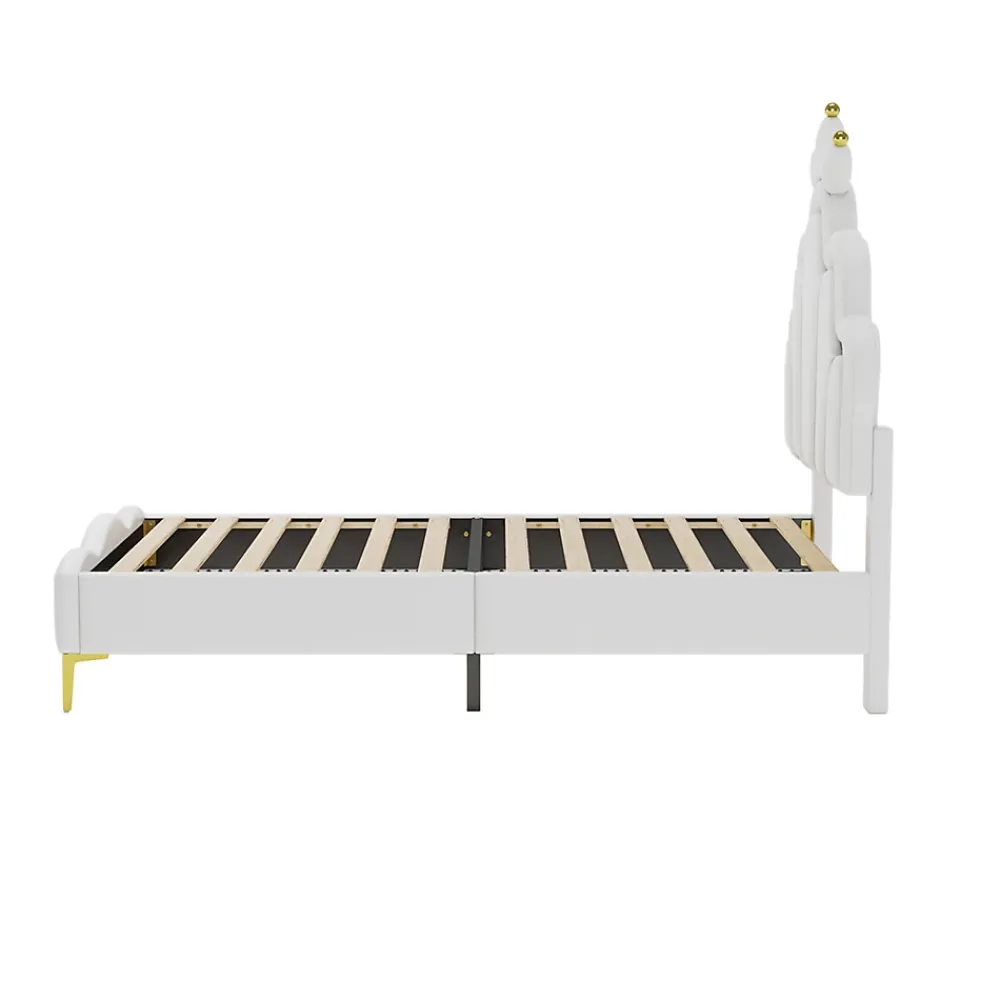 Redom Lit 90x200 cm avec tête de lit couronnée et éclairage LED RVB, tapissé PU blanc, cadre MDF solide et hauteur réglable* Lit Simple