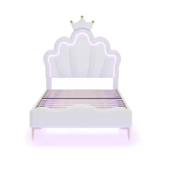 Redom Lit 90x200 cm avec tête de lit couronnée et éclairage LED RVB, tapissé PU blanc, cadre MDF solide et hauteur réglable* Lit Simple