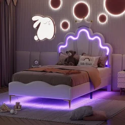 Redom Lit 90x200 cm avec tête de lit couronnée et éclairage LED RVB, tapissé PU blanc, cadre MDF solide et hauteur réglable* Lit Simple