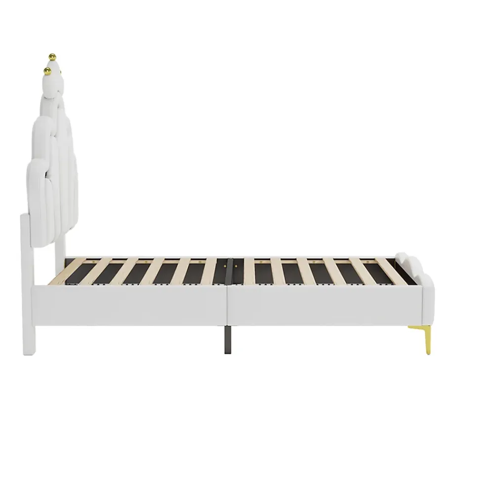 Redom Lit 90x200 cm avec tête de lit couronnée et éclairage LED RVB, tapissé PU blanc, cadre MDF solide et hauteur réglable* Lit Simple