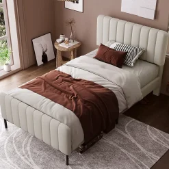 Lit 90x200 cm avec tête de lit réglable, revêtement lin gris-beige et sommier à lattes, cadre métal/bois>Redom Outlet
