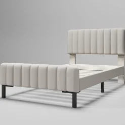 Lit 90x200 cm avec tête de lit réglable, revêtement lin gris-beige et sommier à lattes, cadre métal/bois><noscript><img width=