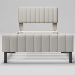 Lit 90x200 cm avec tête de lit réglable, revêtement lin gris-beige et sommier à lattes, cadre métal/bois><noscript><img width=