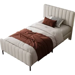 Lit 90x200 cm avec tête de lit réglable, revêtement lin gris-beige et sommier à lattes, cadre métal/bois><noscript><img width=