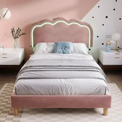 Lit 90x190 cm avec tête de lit LED réglable, tapissé velours rose, cadre rembourré au design moderne>Redom New