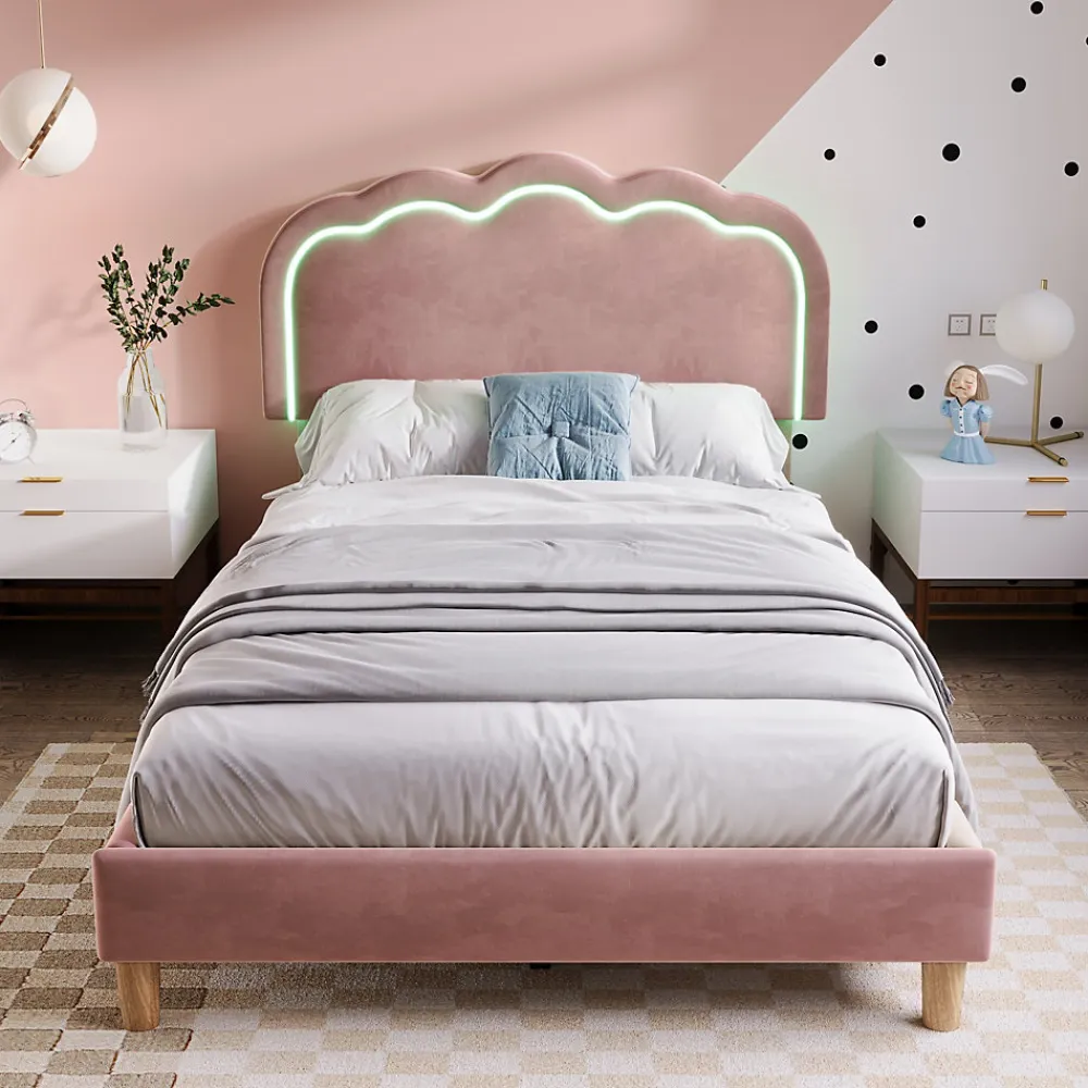 Lit 90x190 cm avec tête de lit LED réglable, tapissé velours rose, cadre rembourré au design moderne>Redom New
