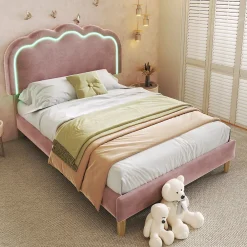 Lit 90x190 cm avec tête de lit LED réglable, tapissé velours rose, cadre rembourré au design moderne>Redom New