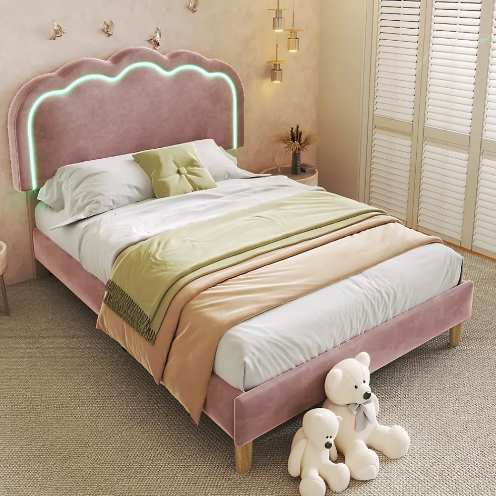 Lit 90x190 cm avec tête de lit LED réglable, tapissé velours rose, cadre rembourré au design moderne>Redom New