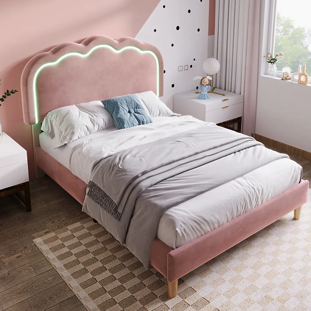 Lit 90x190 cm avec tête de lit LED réglable, tapissé velours rose, cadre rembourré au design moderne>Redom New
