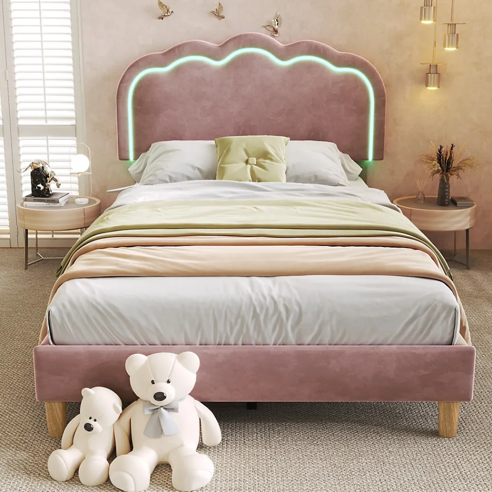 Lit 90x190 cm avec tête de lit LED réglable, tapissé velours rose, cadre rembourré au design moderne>Redom New
