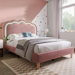 Lit 90x190 cm avec tête de lit LED réglable, tapissé velours rose, cadre rembourré au design moderne><noscript><img width=