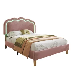 Lit 90x190 cm avec tête de lit LED réglable, tapissé velours rose, cadre rembourré au design moderne><noscript><img width=