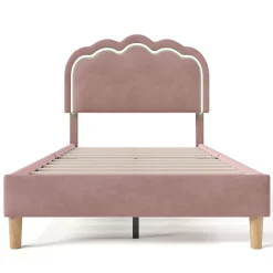 Lit 90x190 cm avec tête de lit LED réglable, tapissé velours rose, cadre rembourré au design moderne><noscript><img width=