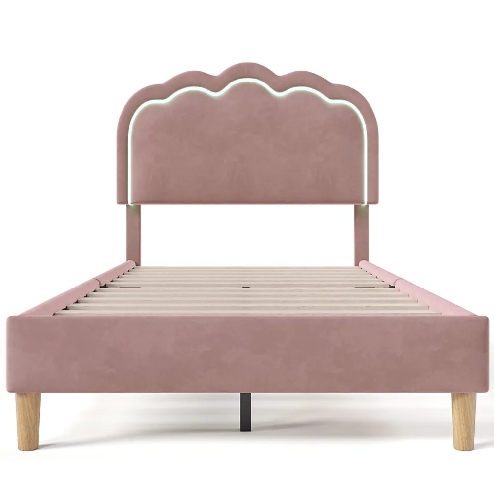 Lit 90x190 cm avec tête de lit LED réglable, tapissé velours rose, cadre rembourré au design moderne>Redom New