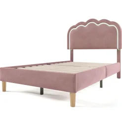 Lit 90x190 cm avec tête de lit LED réglable, tapissé velours rose, cadre rembourré au design moderne><noscript><img width=