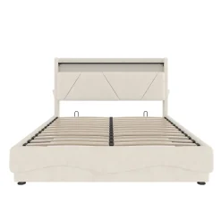 Redom Lit 160x200 cm avec tête de lit LED, rangement intégré et revêtement velours beige, design contemporain* Lit Avec Rangement