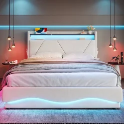 Redom Lit 160x200 cm avec tête de lit LED, rangement intégré et revêtement velours beige, design contemporain* Lit Avec Rangement