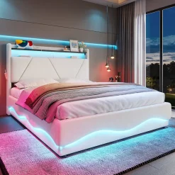 Redom Lit 160x200 cm avec tête de lit LED, rangement intégré et revêtement velours beige, design contemporain* Lit Avec Rangement