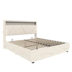 Redom Lit 160x200 cm avec tête de lit LED, rangement intégré et revêtement velours beige, design contemporain* Lit Avec Rangement