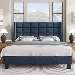 Lit 140x200 cm avec tête de lit tapissée en lin bleu, pieds noirs et sommier à lattes intégré, design élégant>Redom Outlet