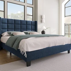Lit 140x200 cm avec tête de lit tapissée en lin bleu, pieds noirs et sommier à lattes intégré, design élégant>Redom Outlet